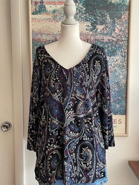 Vintage Y2K Notations Paisley Tunic Top 1X V-Neck Flowy Boho Fairy Whimsigoth